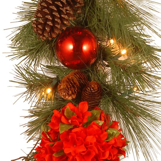 9' x 12" Pre-lit Decorative Collection Hydrangea Artificial Christmas Garland with Cones, Red Berries and 50 Soft White LED Lights